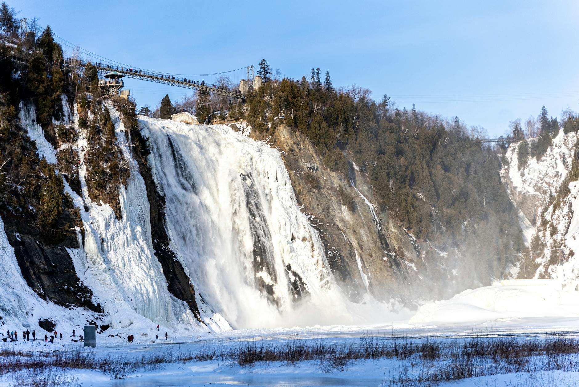 Winter scene at Montmorency Falls with icy cascades