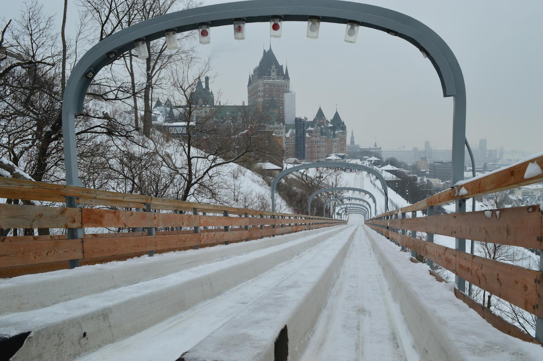 Snow-covered toboggan slide in Quebec City in winter