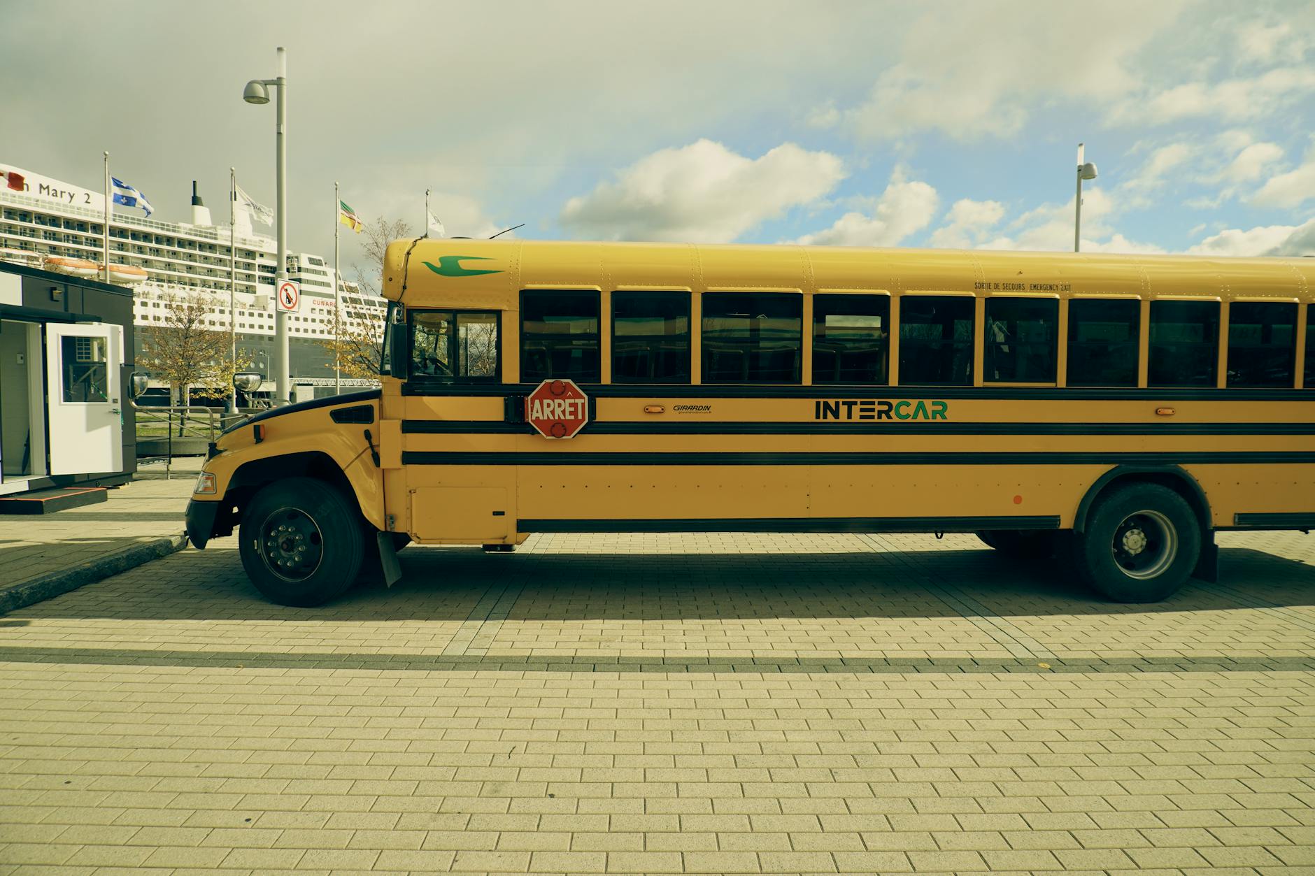 Yellow school bus at the Quebec City port