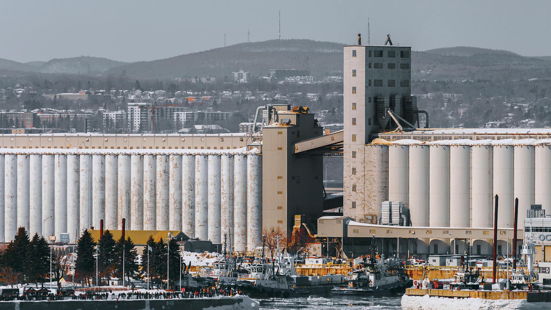Winter view of Quebec City harbor and ships