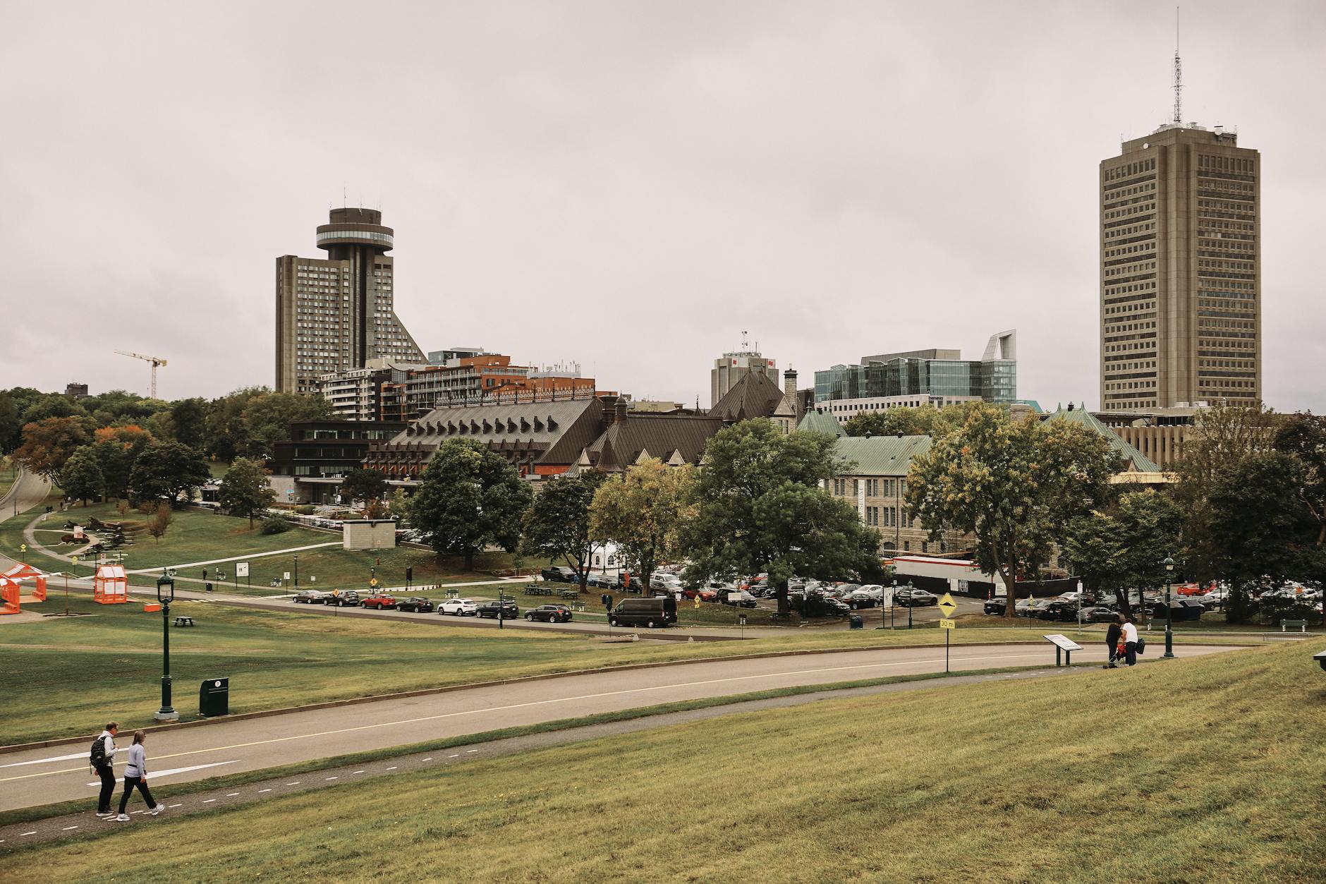 Panoramic view of Quebec City with tall buildings and autumn trees