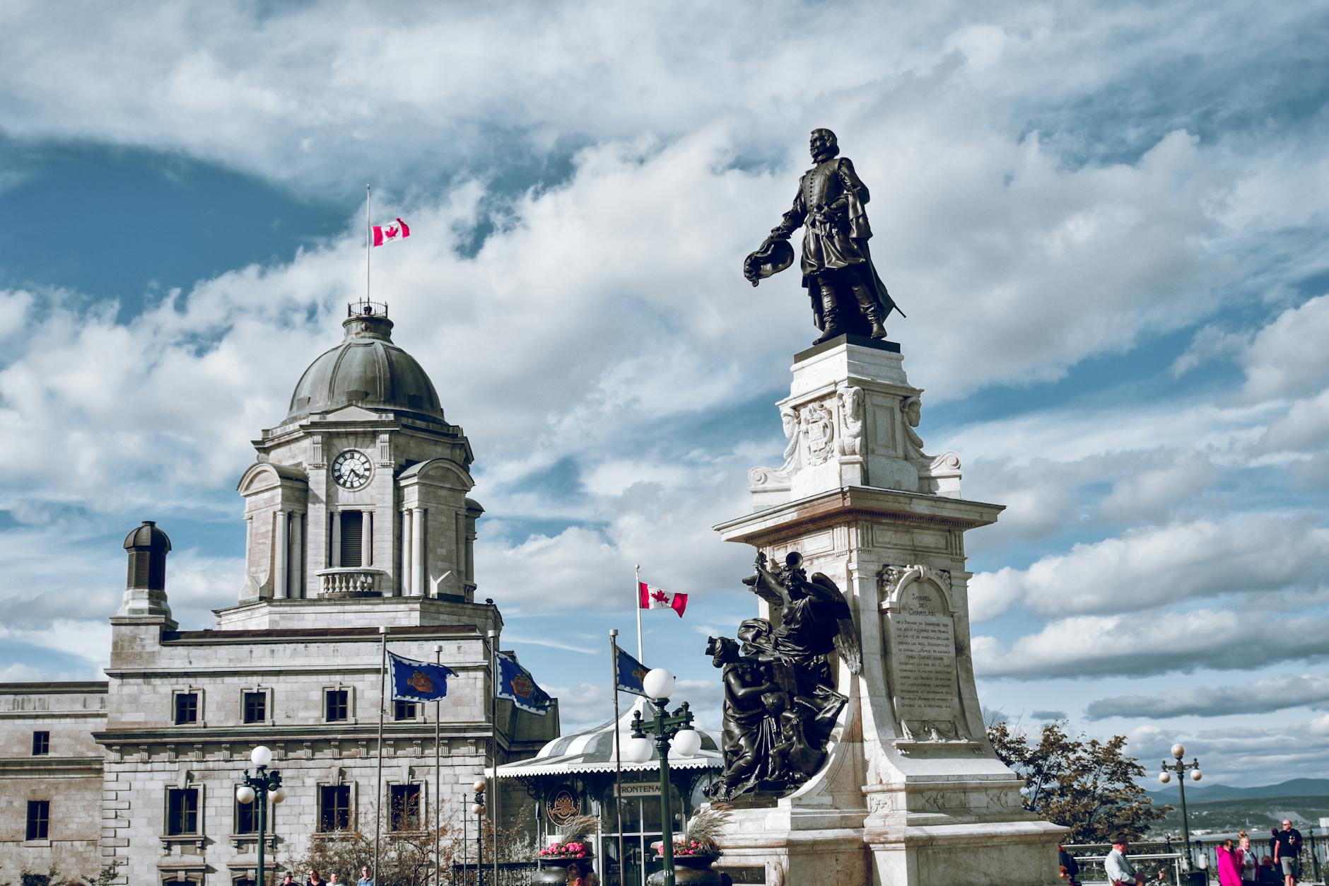 Historic Quebec City monument and building under blue sky
