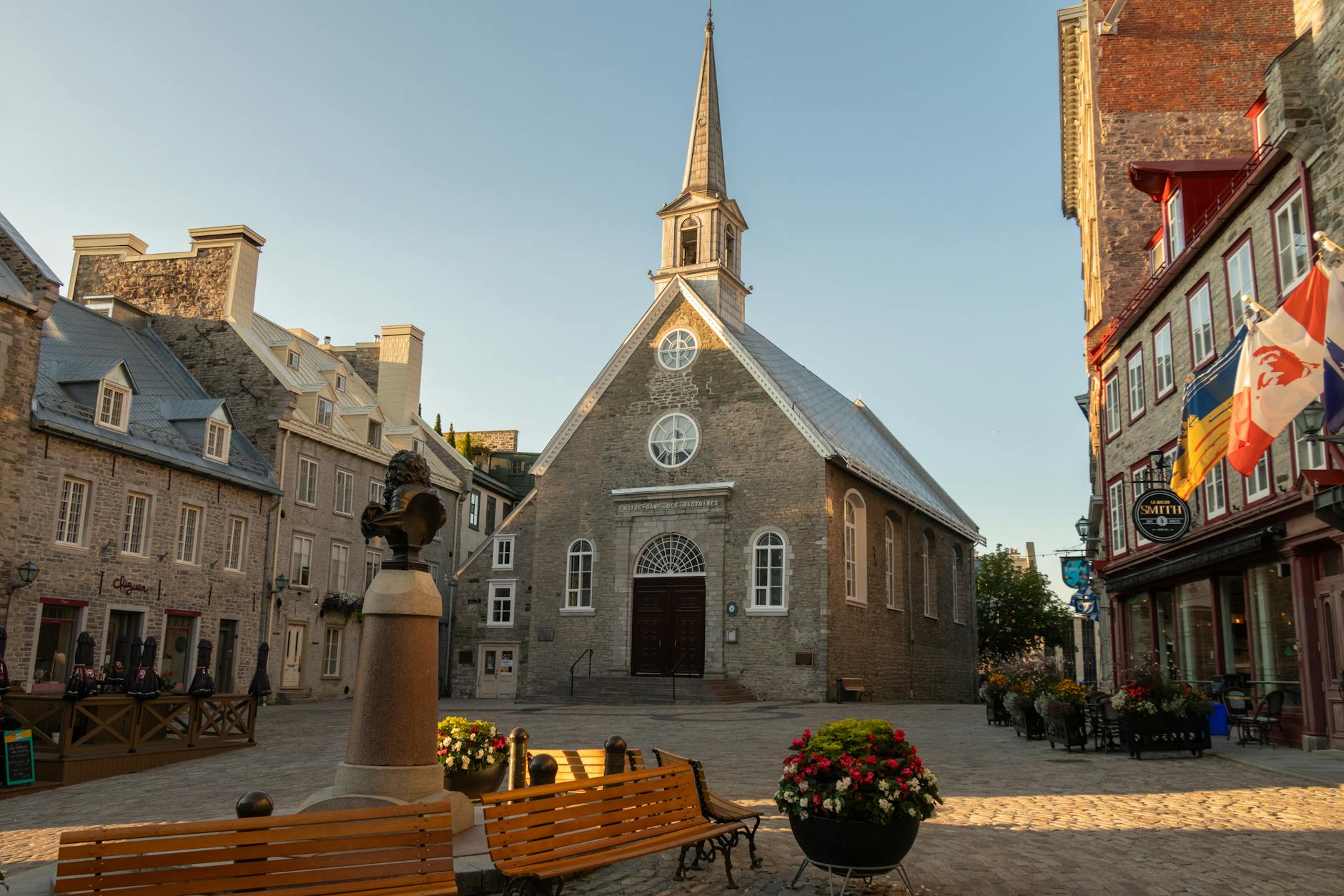 Old Quebec City with historic church architecture in morning light
