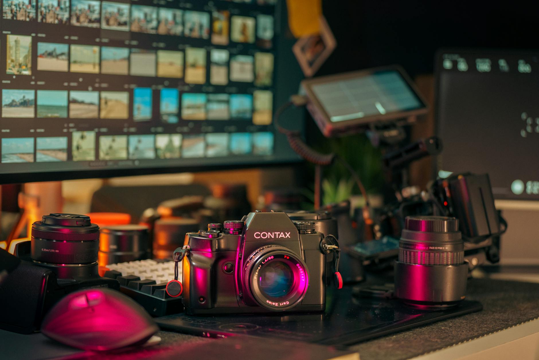 Camera in a photography studio setup with monitors and editing gear