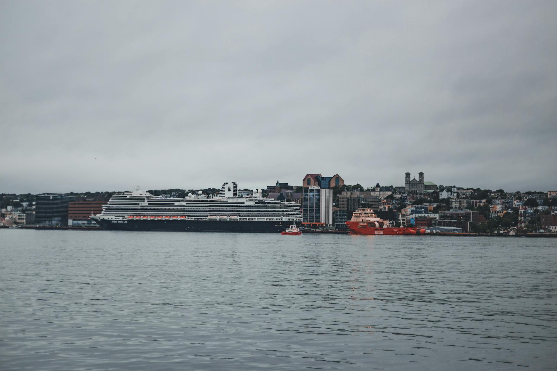 Large cruise ship in a city harbor under overcast skies