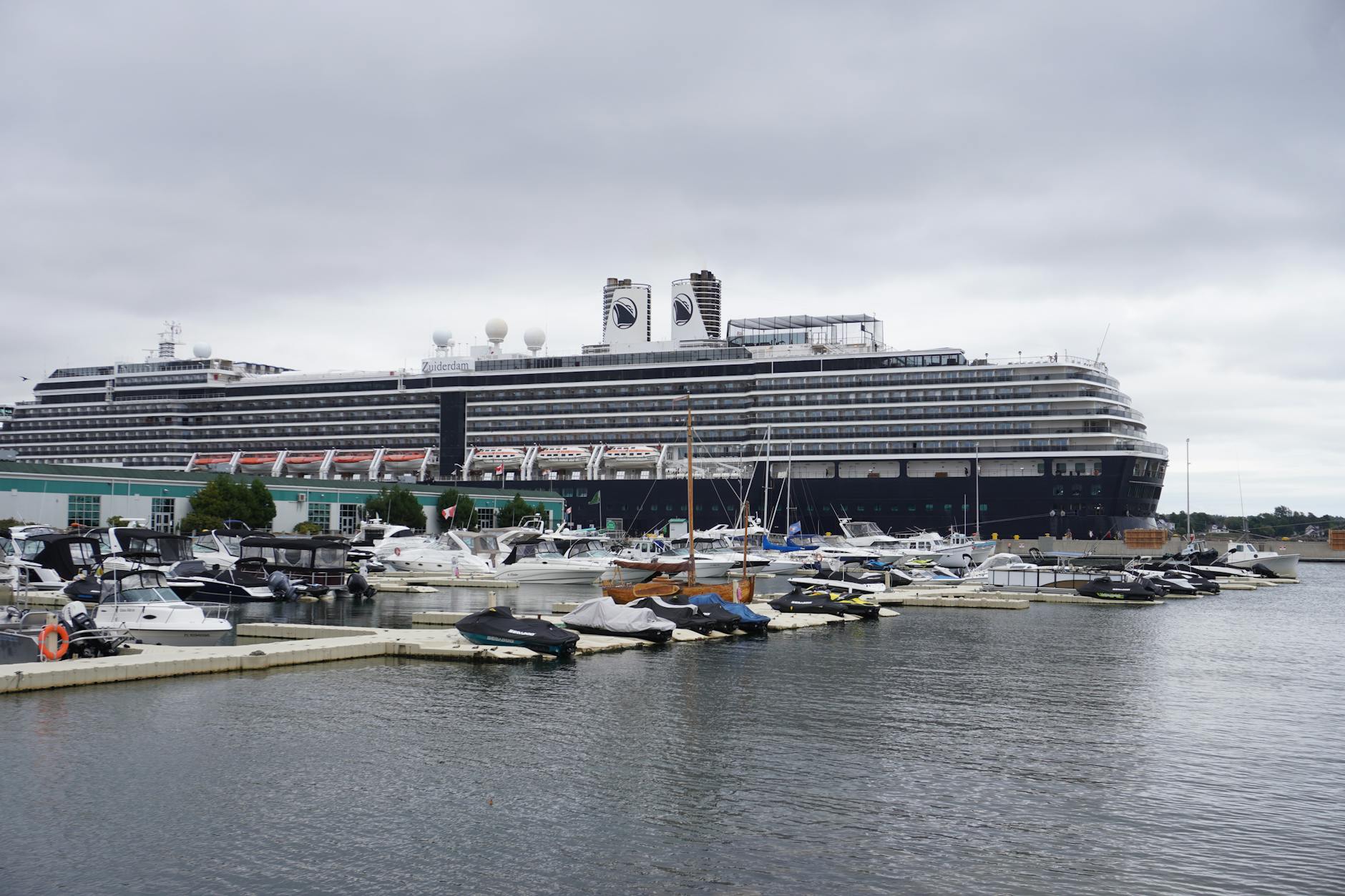 Cruise ship docked at a busy marina under overcast skies