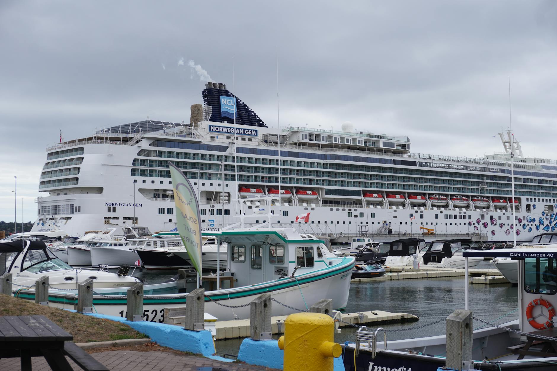 Large cruise ship docked at a busy harbor with smaller boats