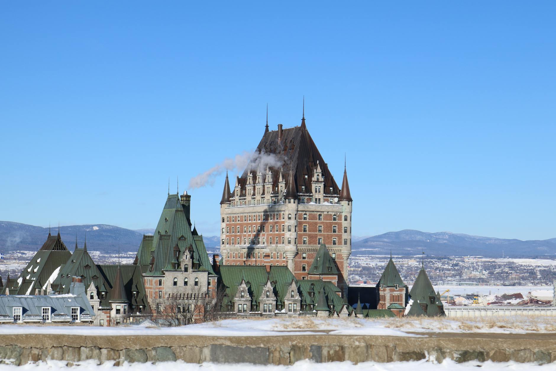 Snow-covered Chateau Frontenac in Quebec City