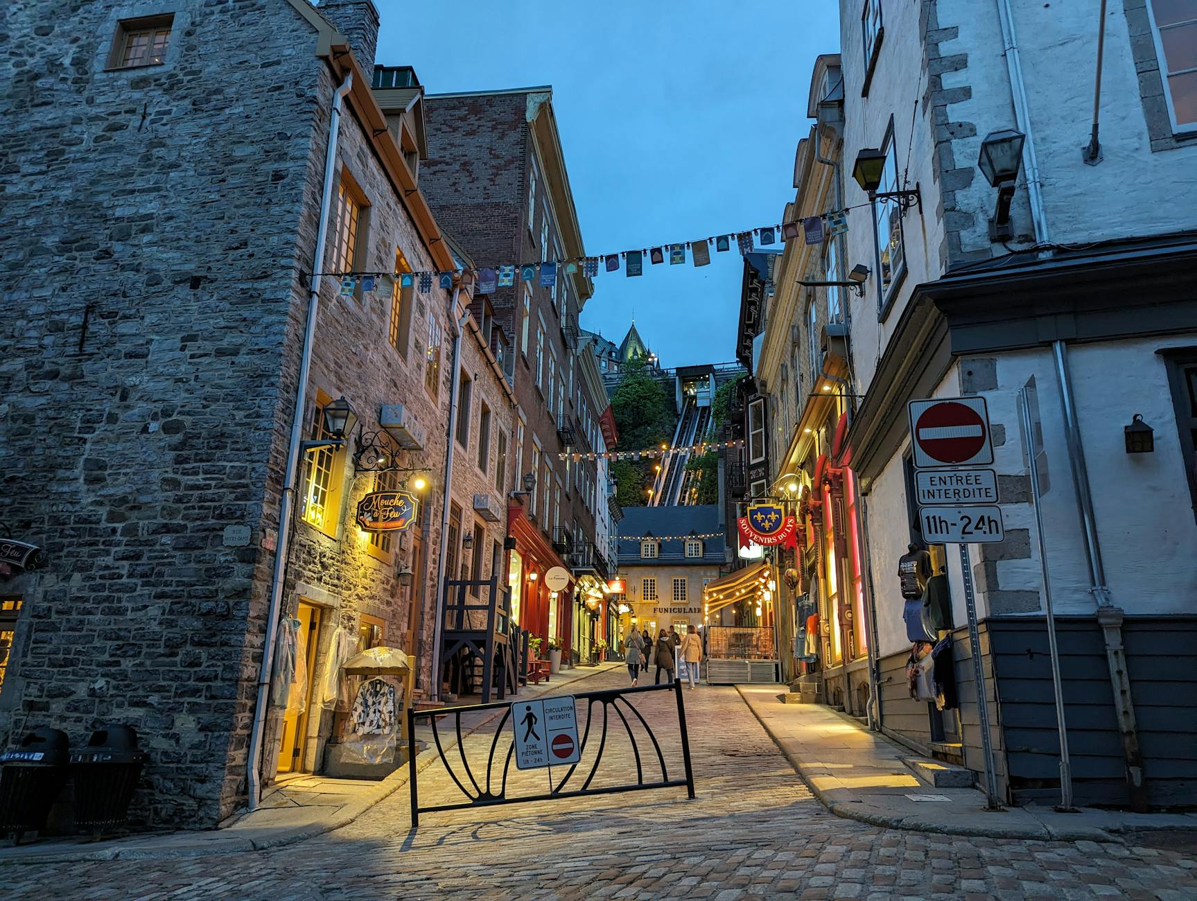 Illuminated street in Old Quebec City in the evening
