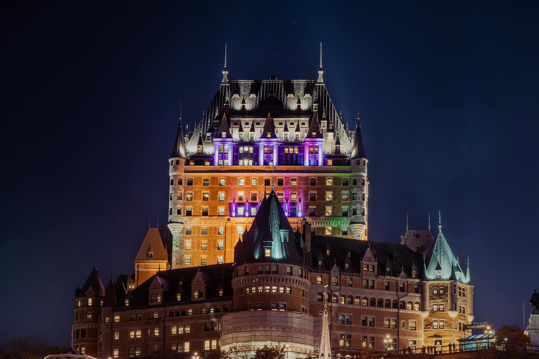 Chateau Frontenac illuminated at night in Quebec City