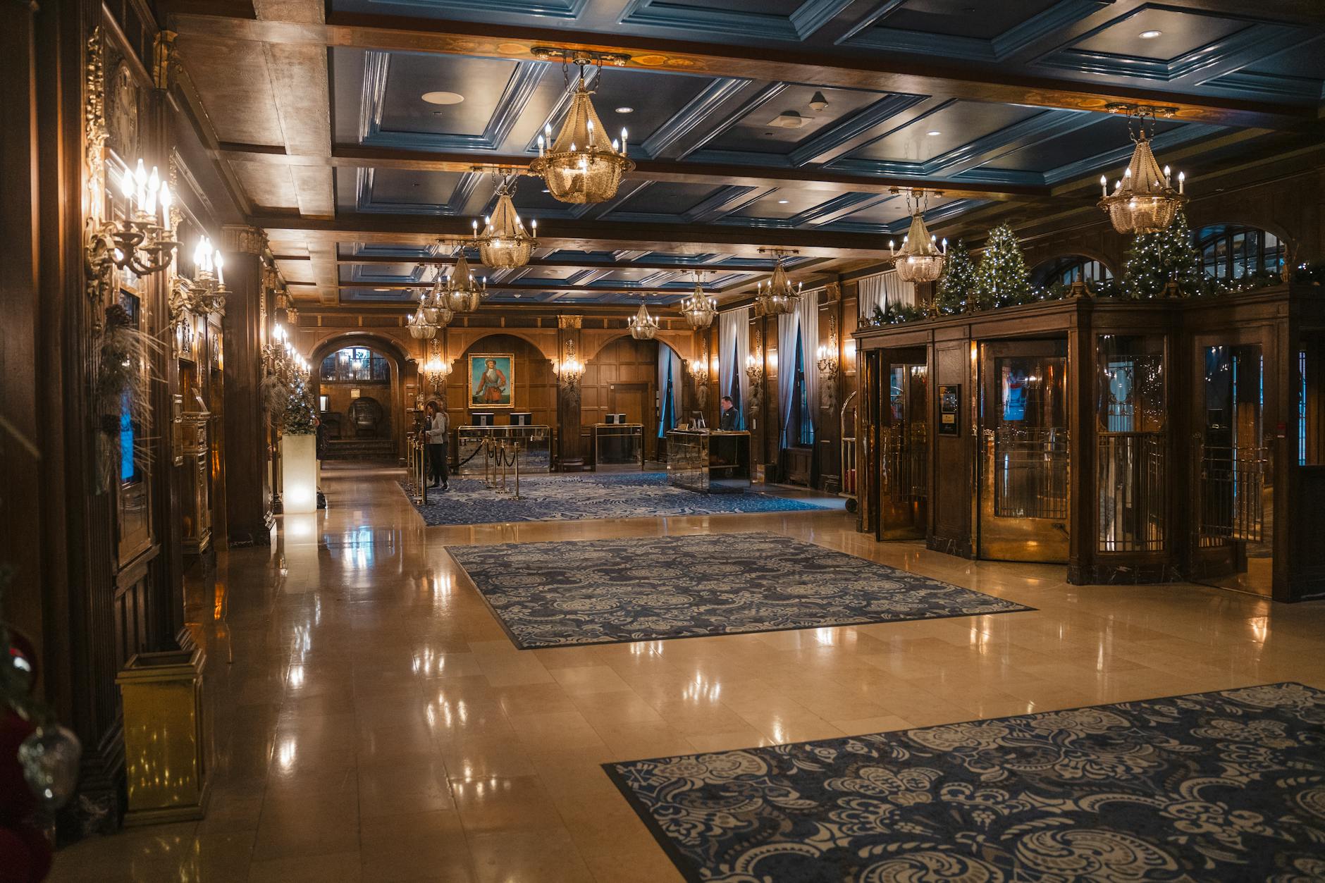 Elegant hotel lobby with chandeliers in Quebec City