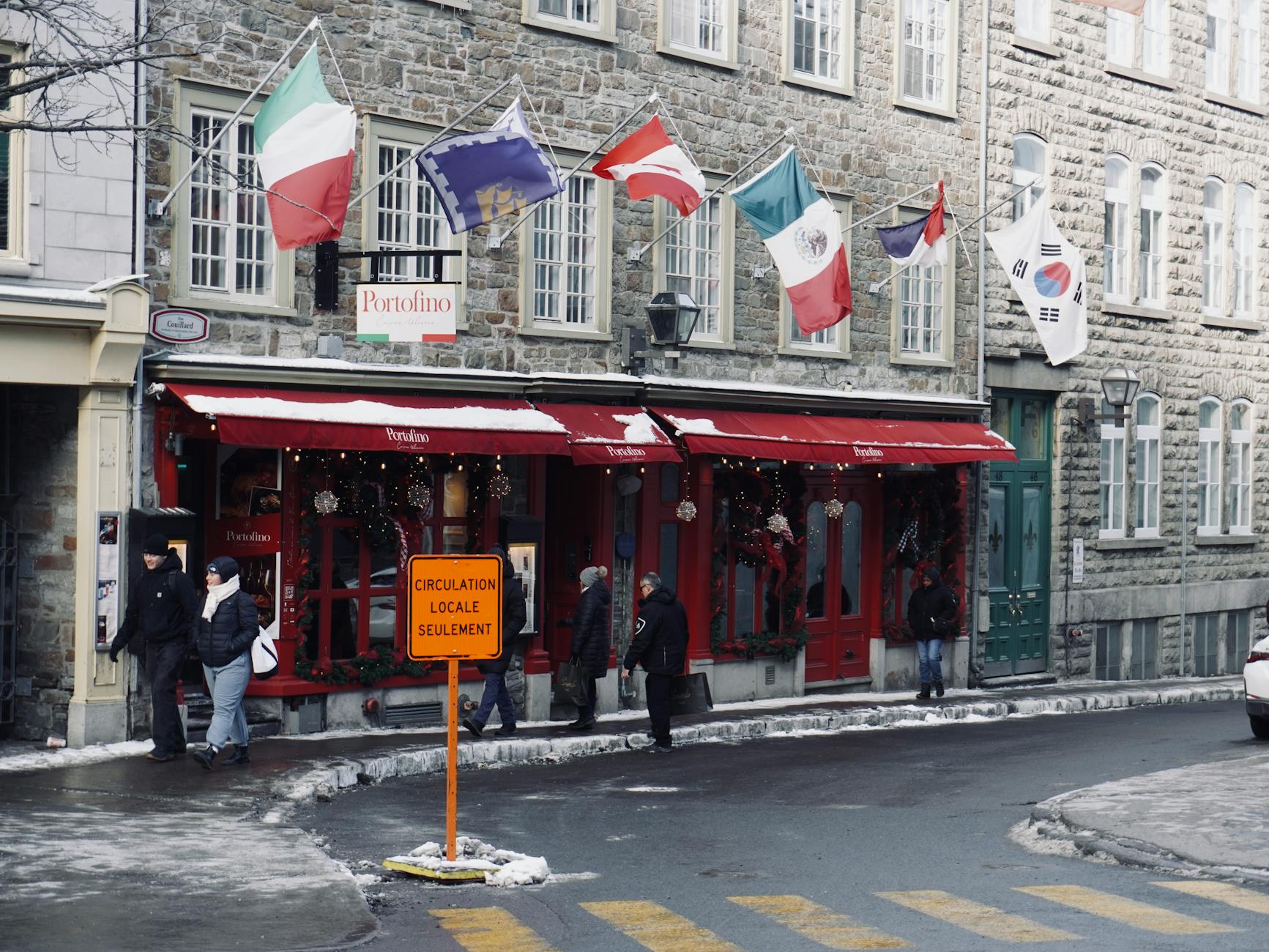 Winter street view by a cafe in Quebec City