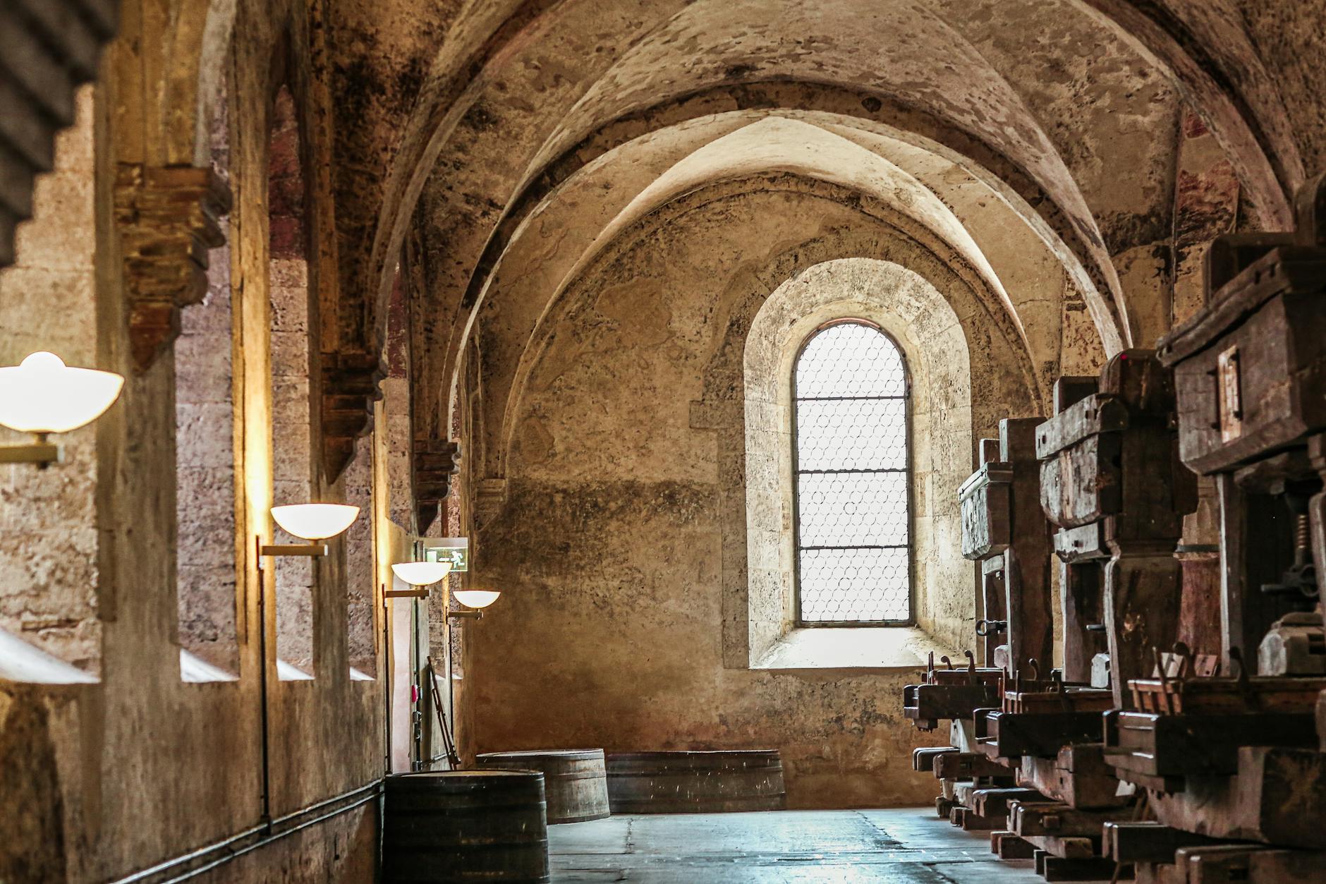 Historical monastery interior with arches and ambient light