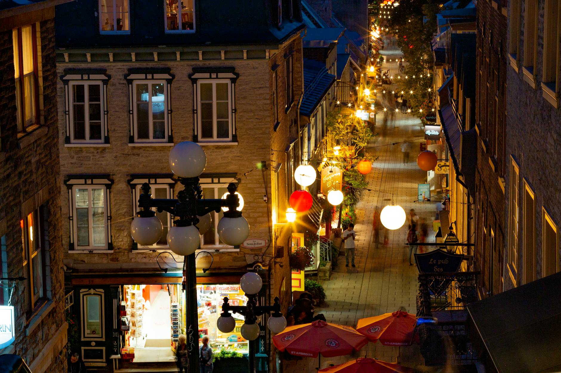 Evening lights on a street in Old Quebec's Petit Champlain district