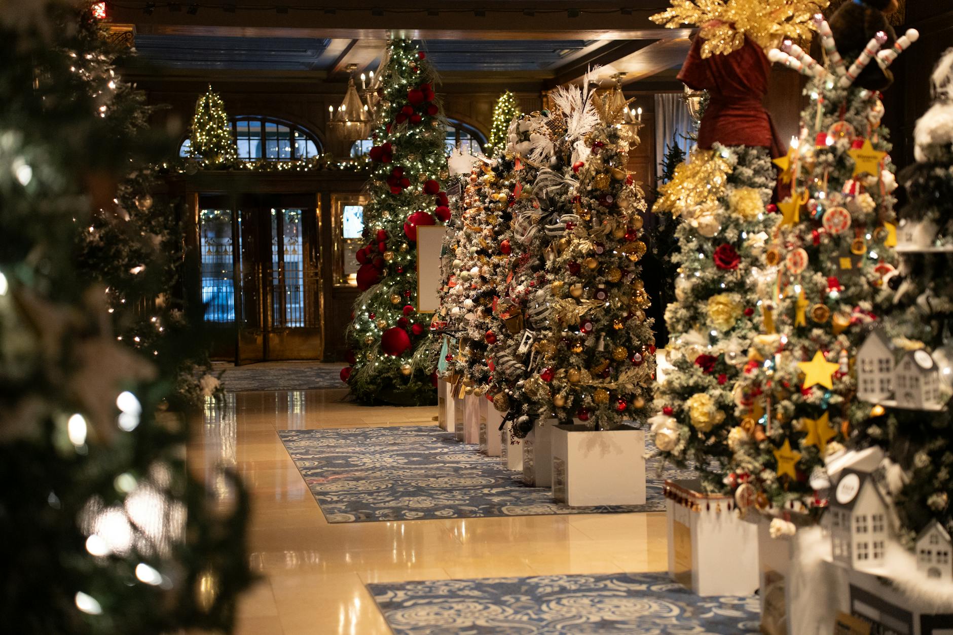 Holiday decorations in a warm hotel lobby in Quebec