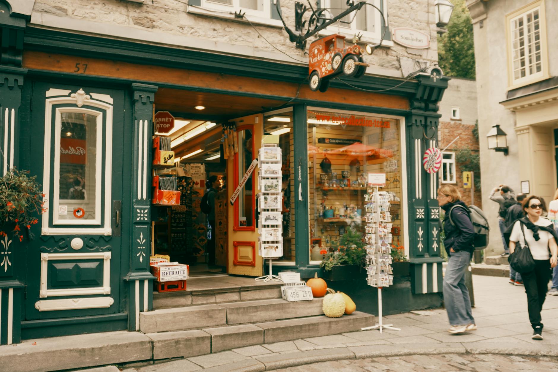 Vintage shop exterior on a quaint street in Old Quebec City
