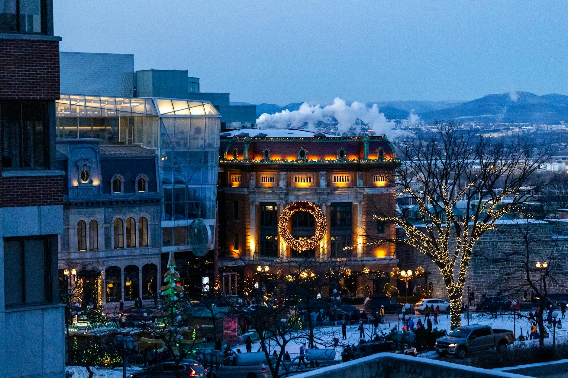 Winter evening in Old Quebec City with festive lights