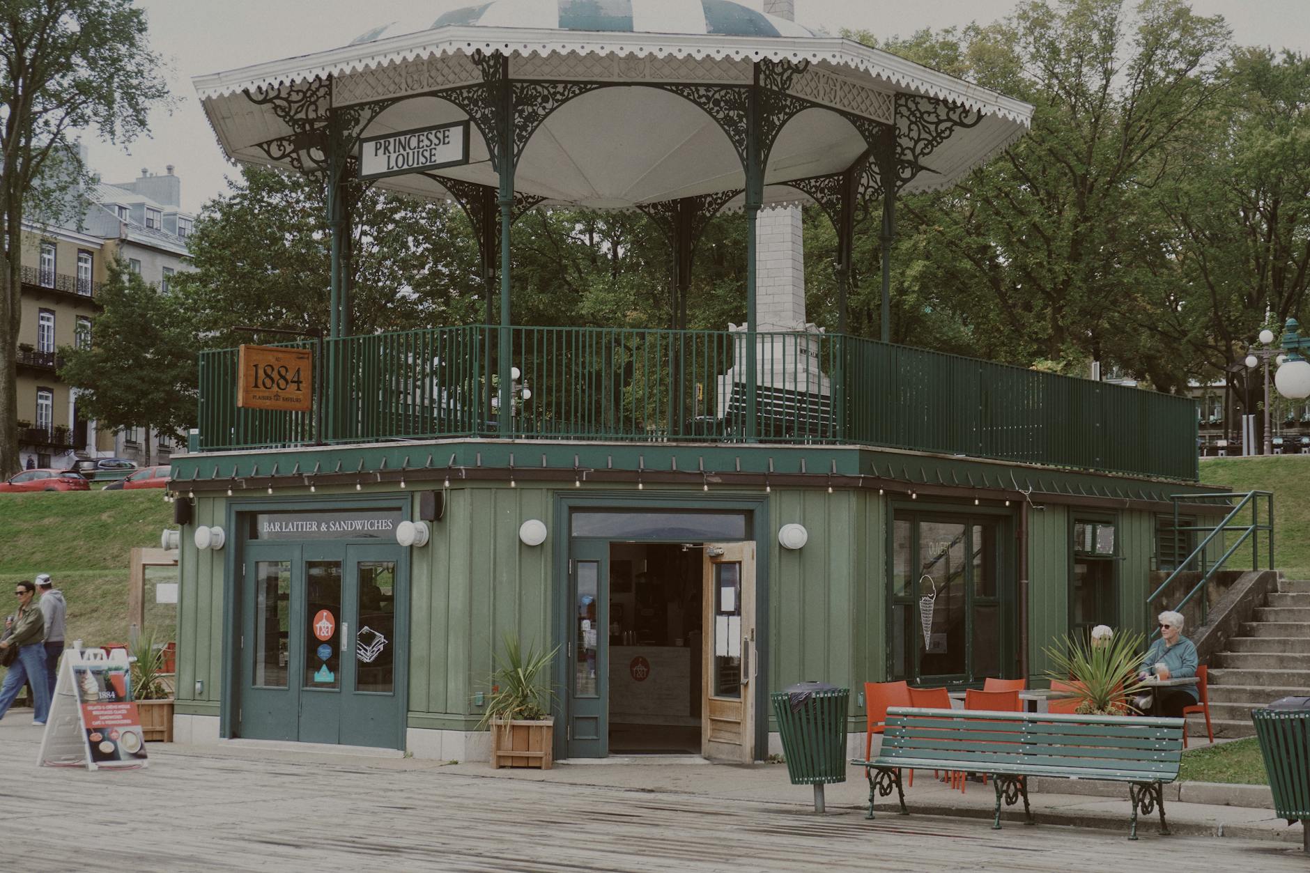 Cafe pavilion in a green park area in Quebec