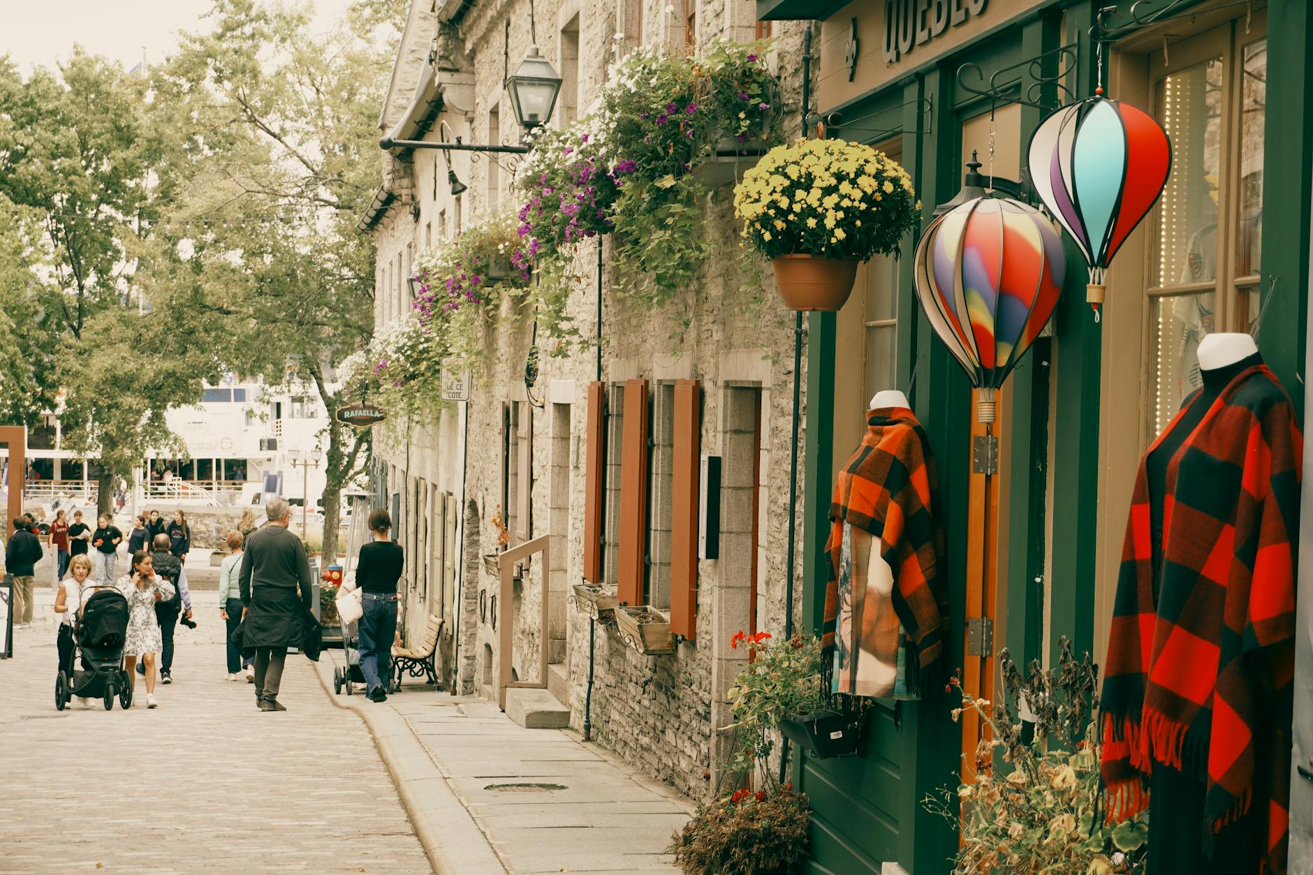 Decorated cobblestone street in Old Quebec City