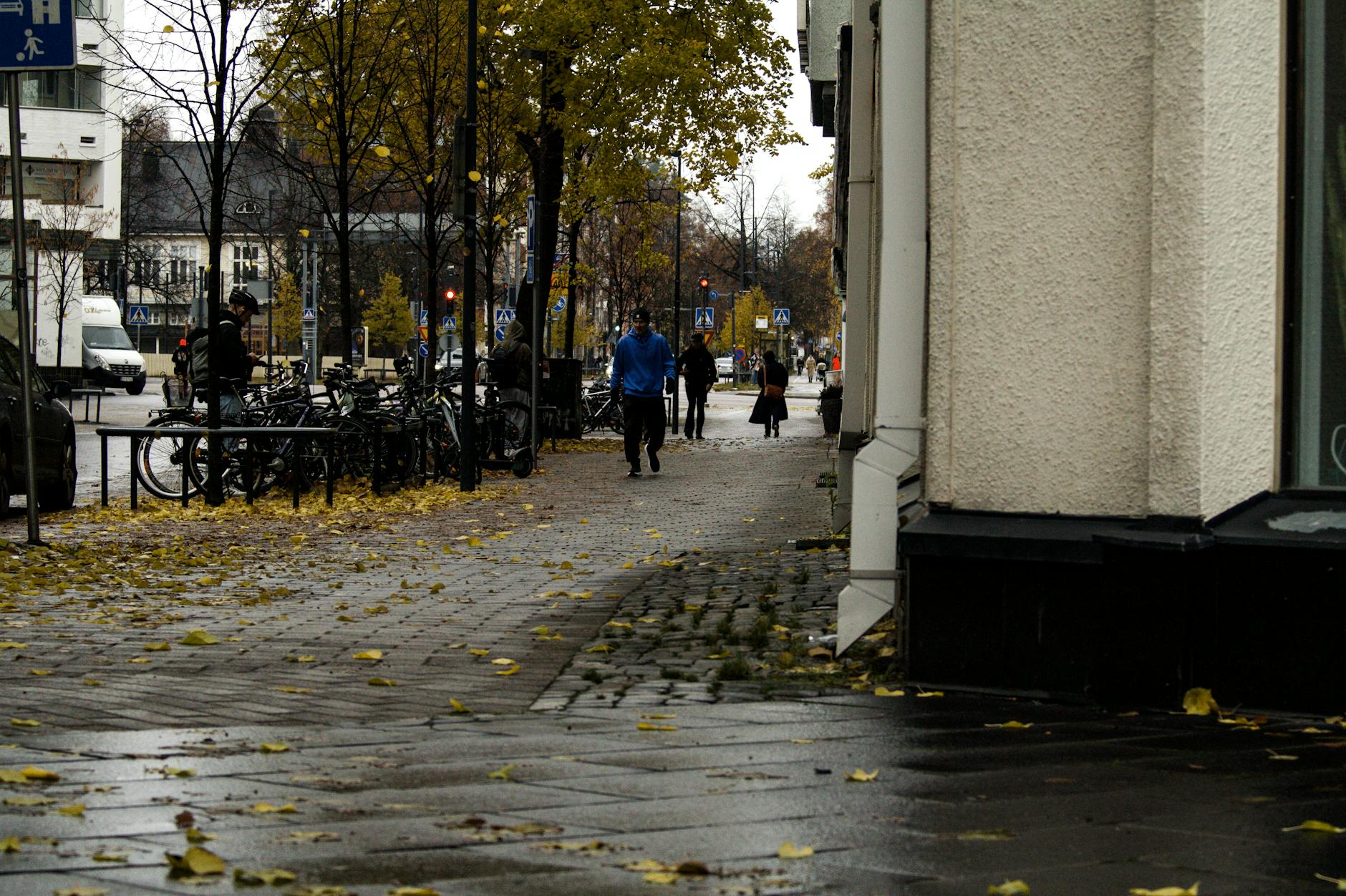 Wet city street with pedestrians for Stavanger woman traveler weather planning.