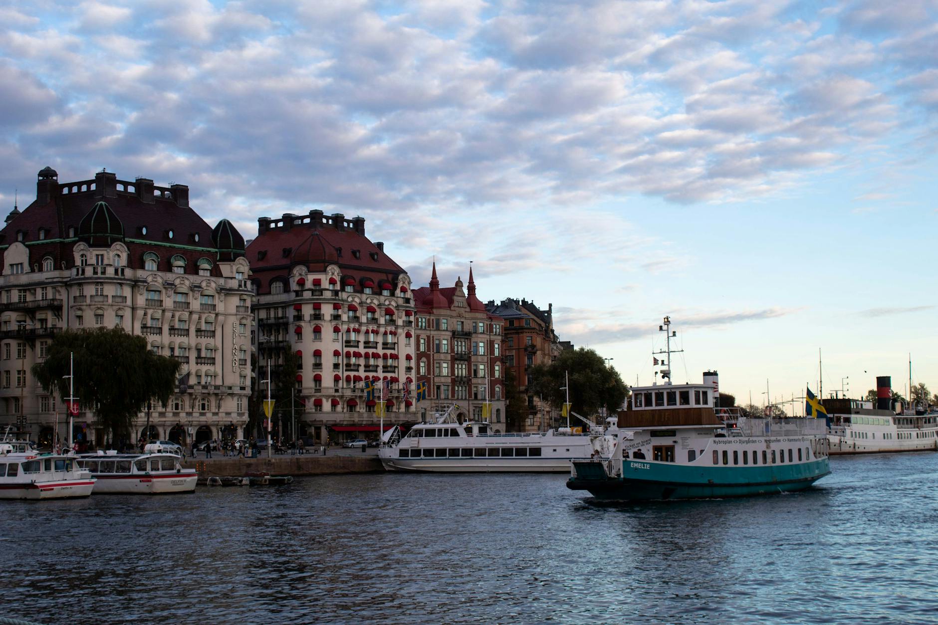 Stockholm waterfront boats for cruise terminal transfer planning.