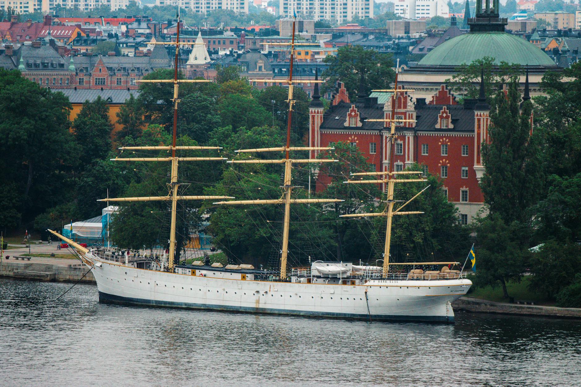Tall ship and historic Stockholm buildings for port-call pacing planning.