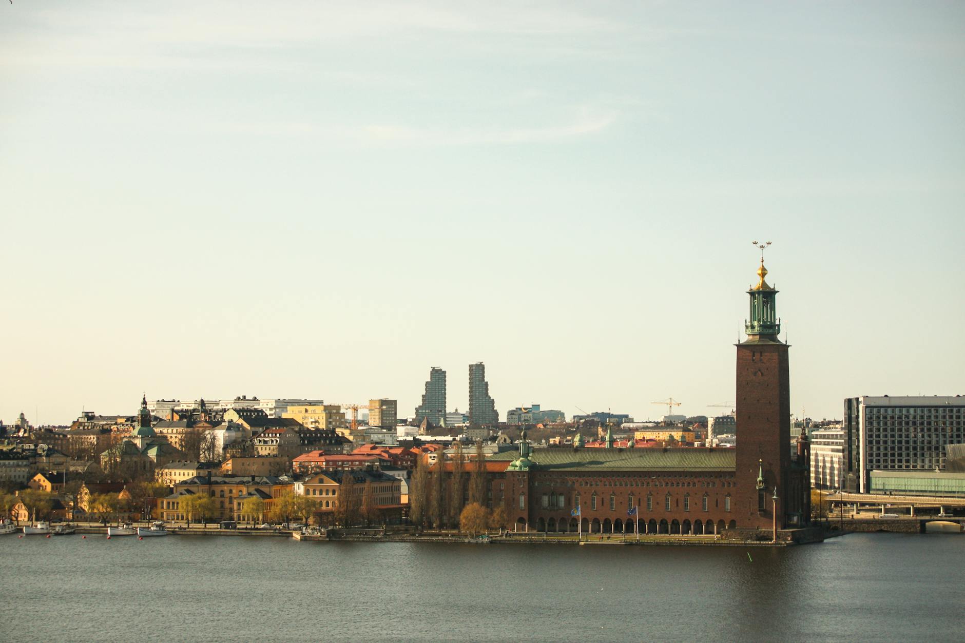 Aerial Stockholm City Hall view for journalist weather and light planning.