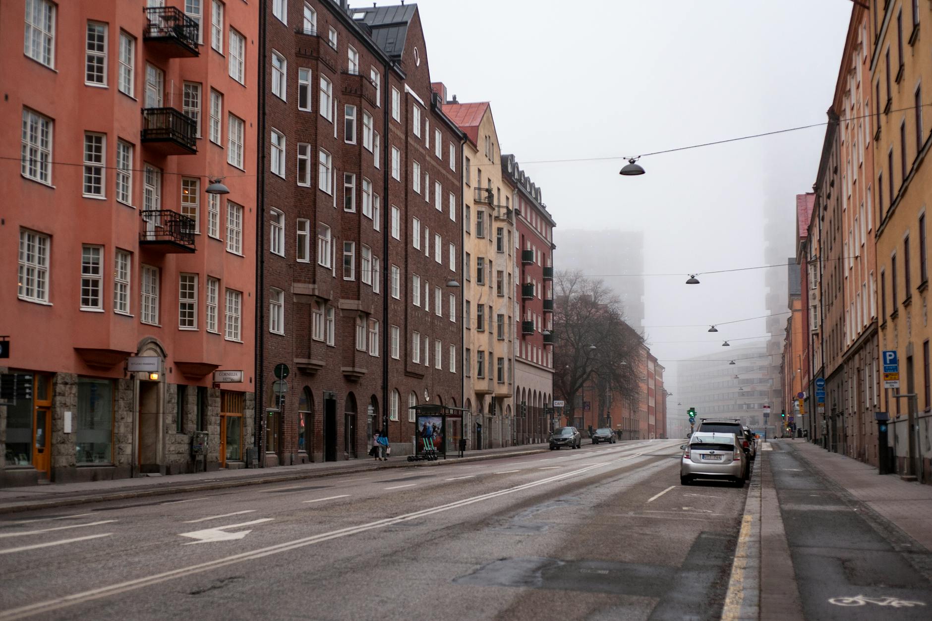 Foggy Stockholm street for journalist story geography planning.