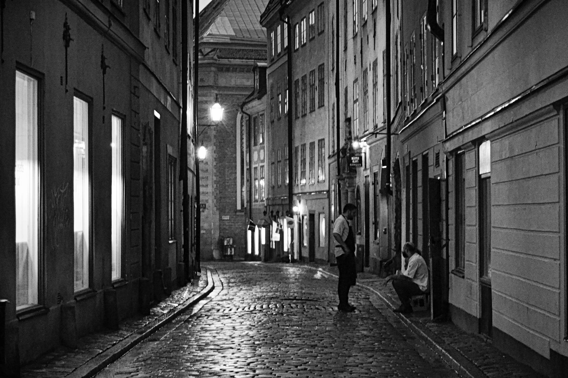 Stockholm night street for journalist field reporting planning.
