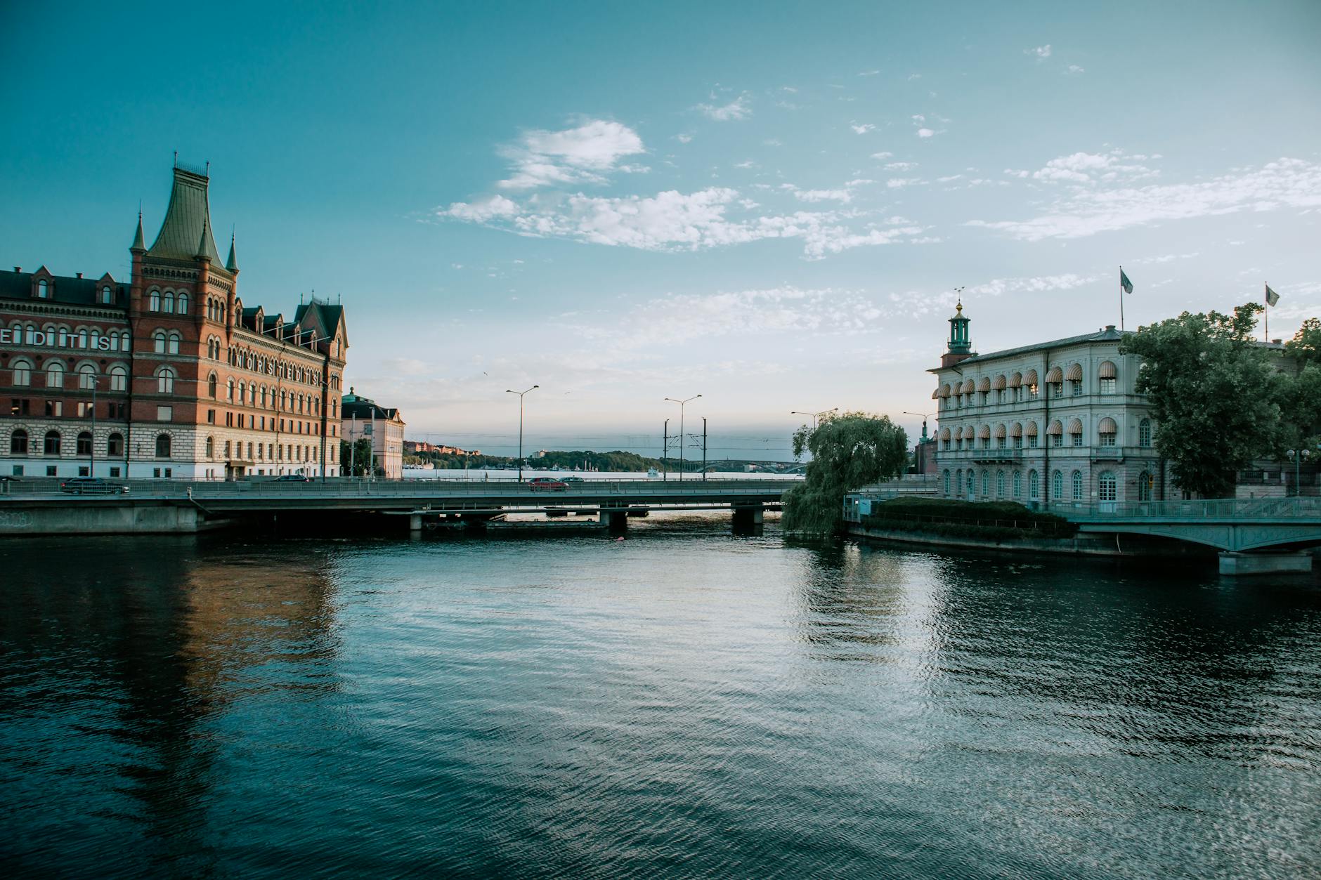 Stockholm riverside at dusk for nightlife route planning.