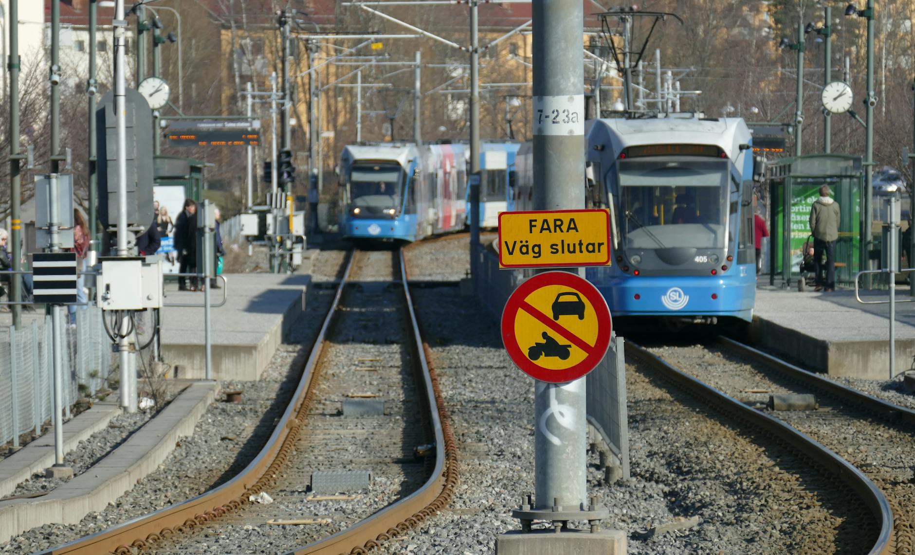 Stockholm tram stop for older-traveler rest and transit planning.