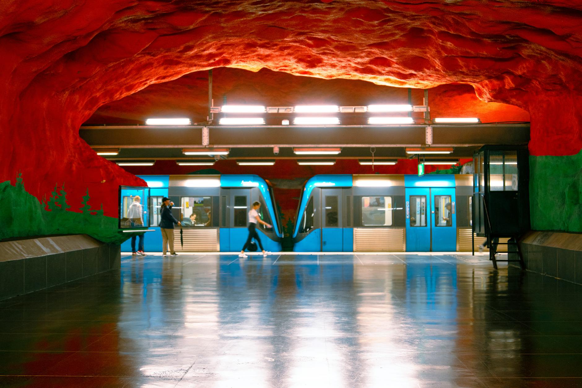 Colorful Stockholm metro station for older-traveler weather backup planning.