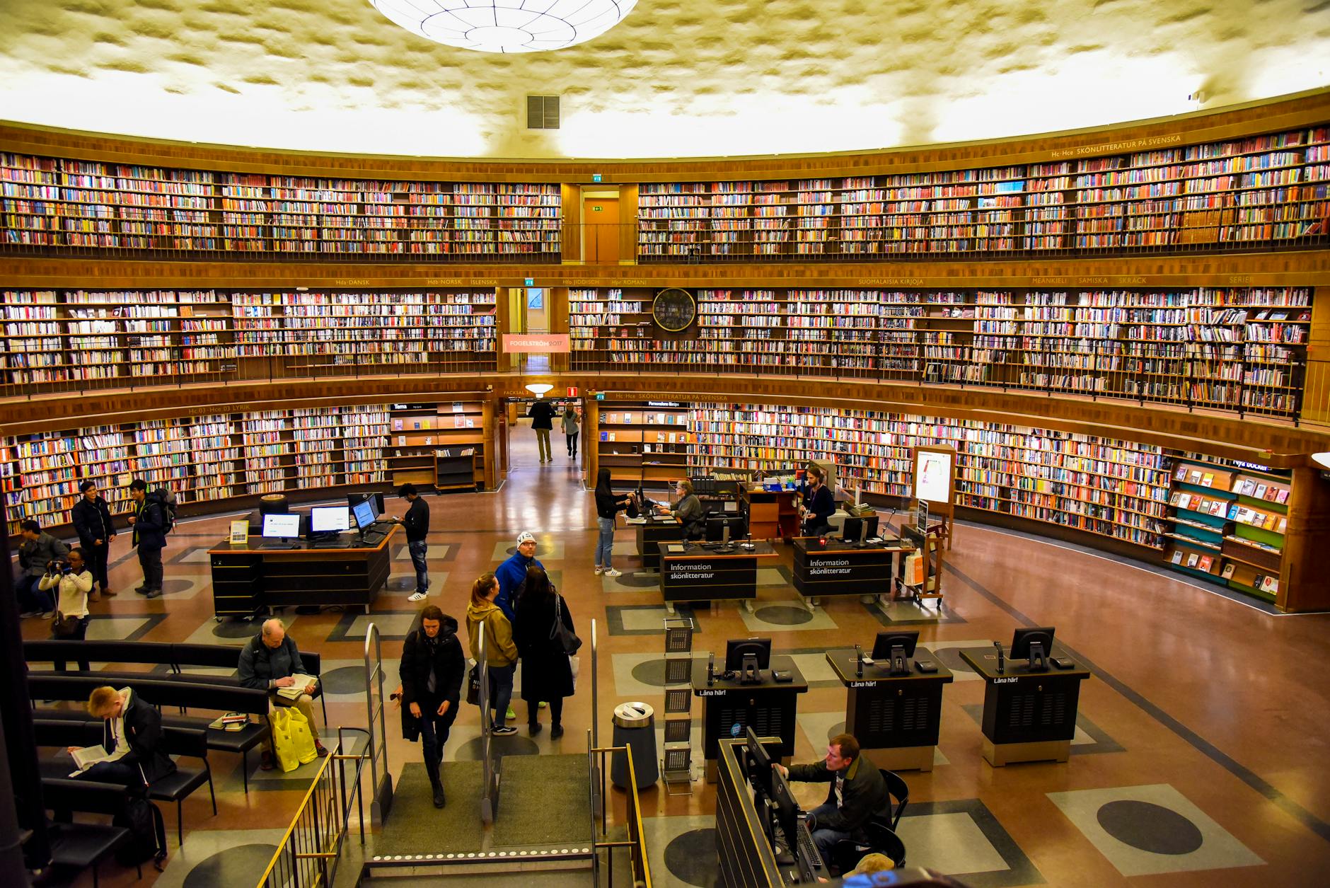 Stockholm library interior for short program calendar planning.