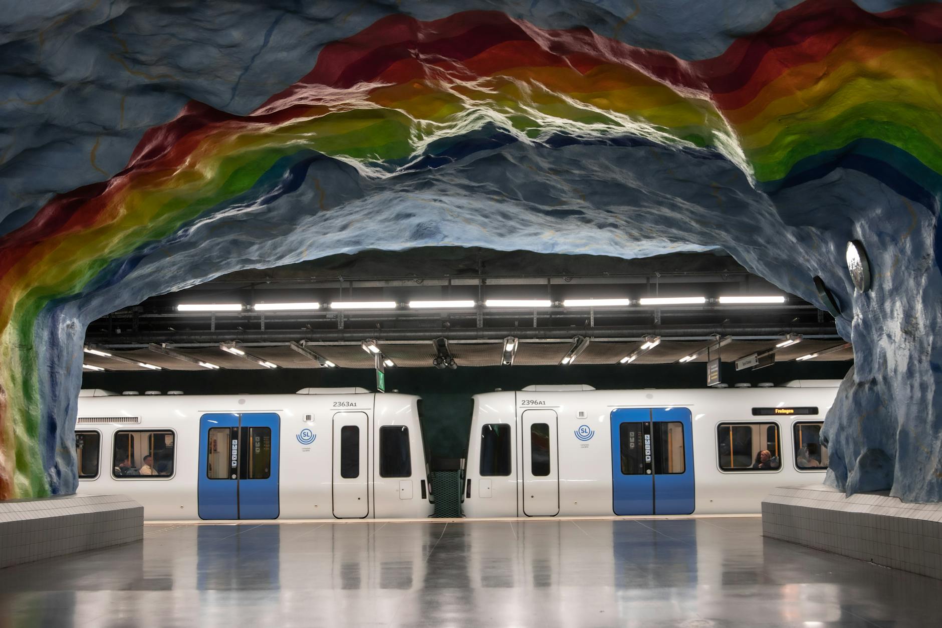 Colorful Stockholm metro station for transfer route planning.