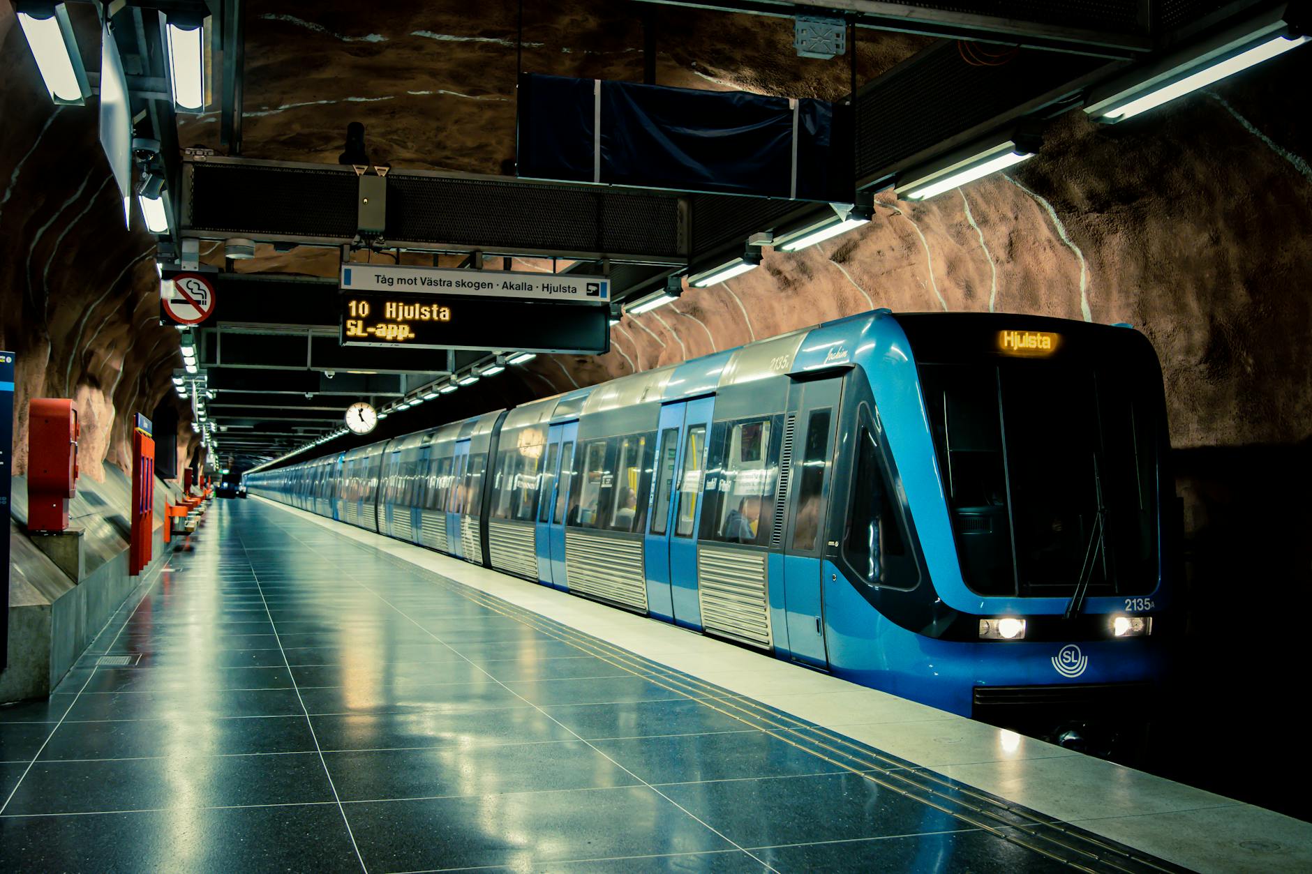 Stockholm metro train for stopover luggage planning.