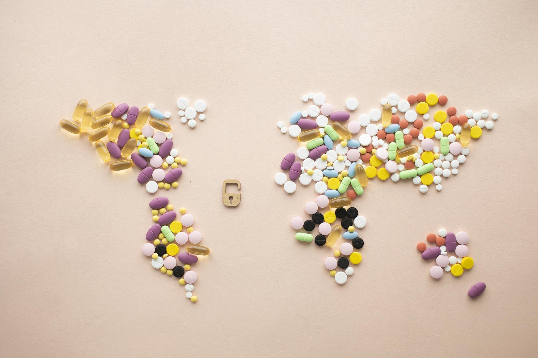 Medication arranged as a world map for healthcare backup planning.