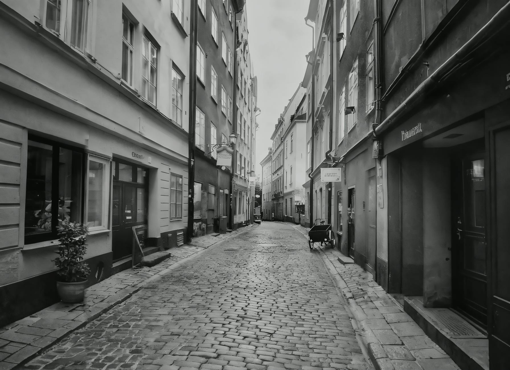 Narrow Stockholm old town street for cobblestone access planning.
