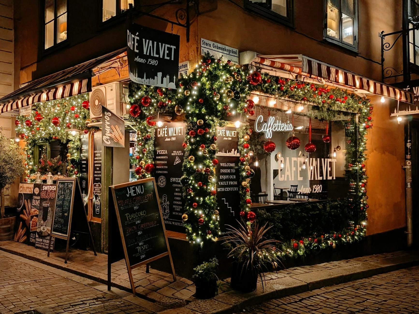Stockholm cafe in evening light for woman traveler dinner planning.