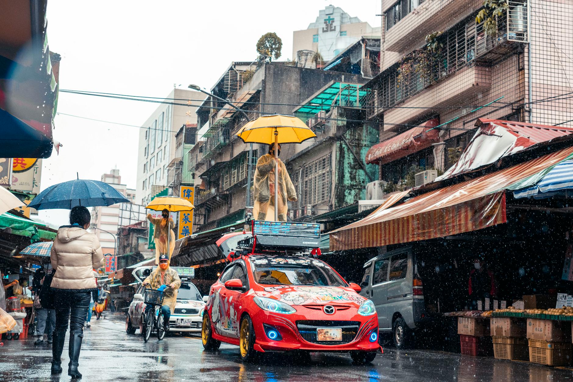 Rainy Taipei street and woman traveler weather planning context.