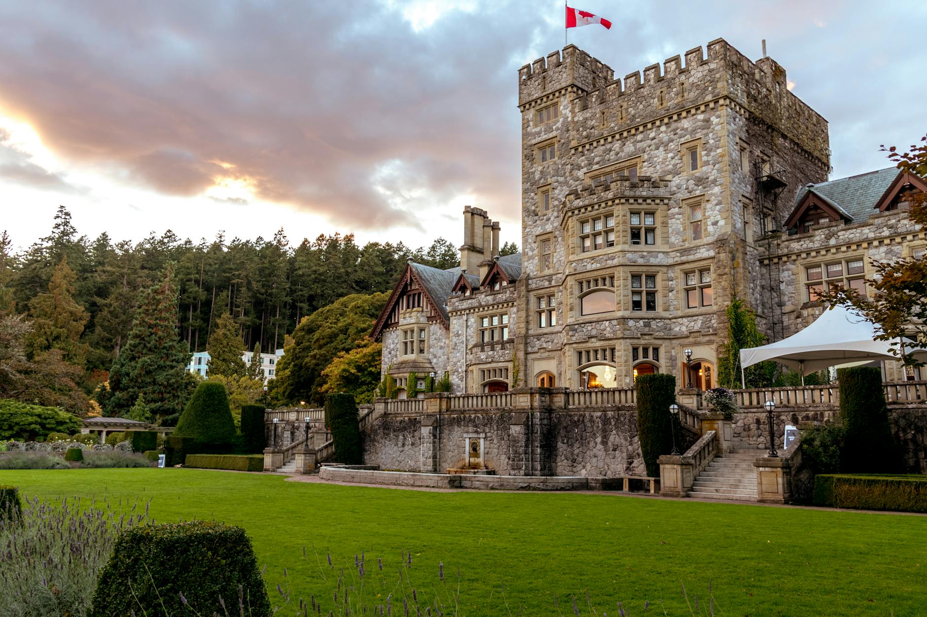 Historic Hatley Castle in Victoria at sunset