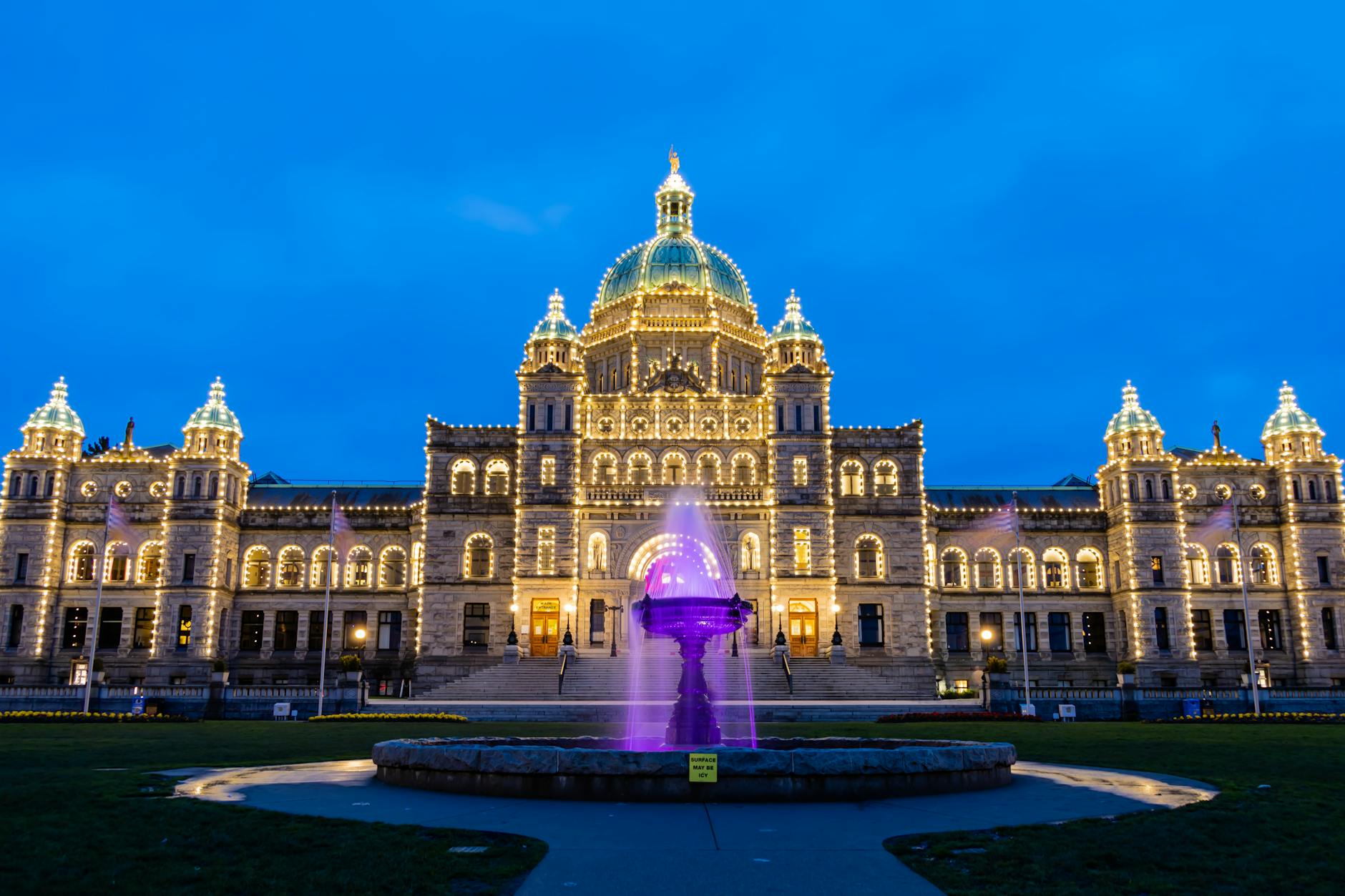 British Columbia Legislature Building lit at night