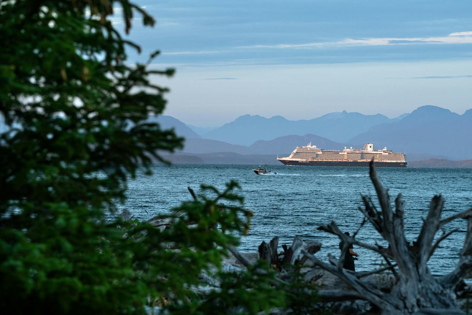 Cruise ship sailing along the coast of Campbell River, BC, framed by lush greenery.