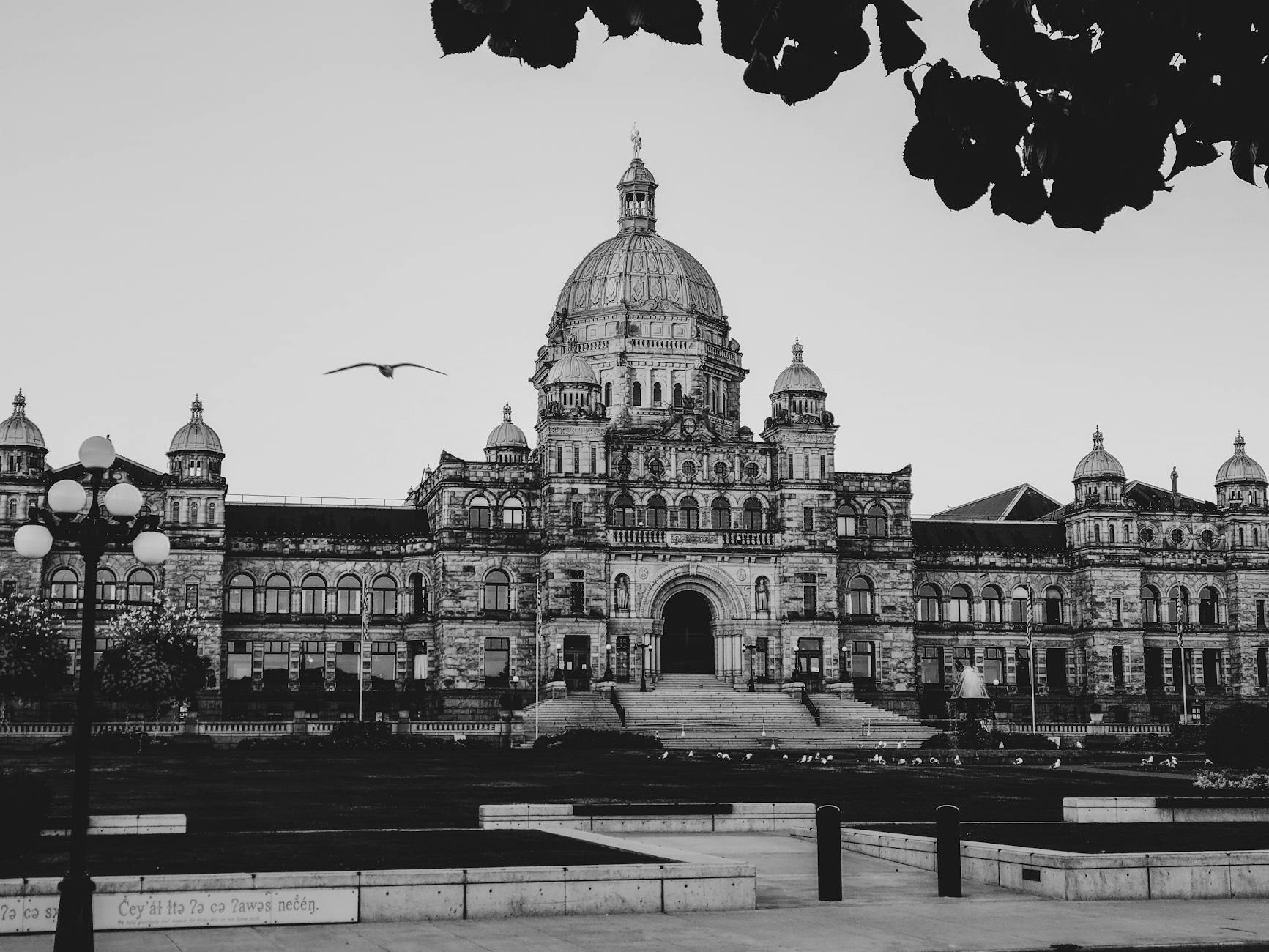 Black and white view of the Parliament Building in Victoria