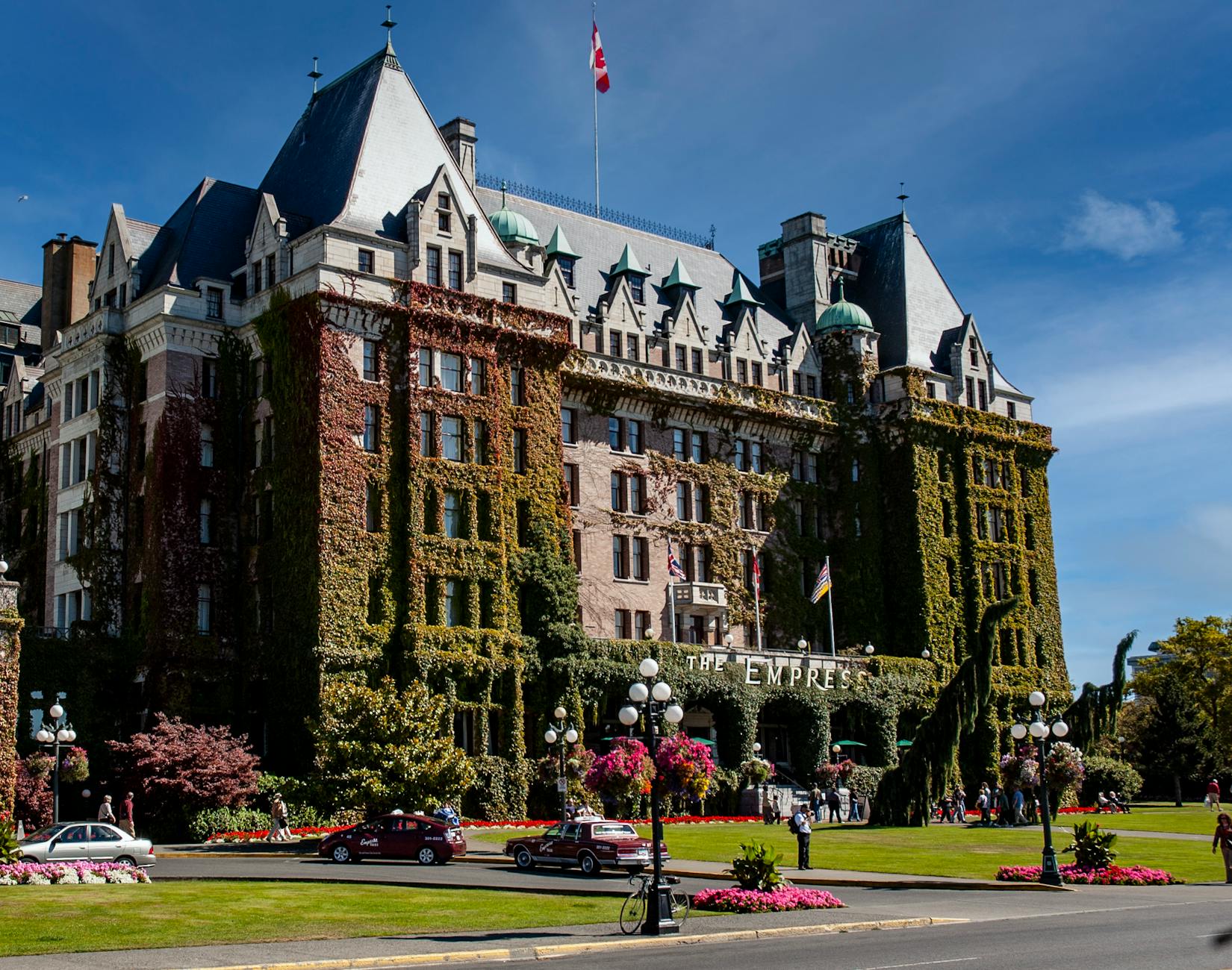 Historic Fairmont Empress Hotel covered in ivy in Victoria