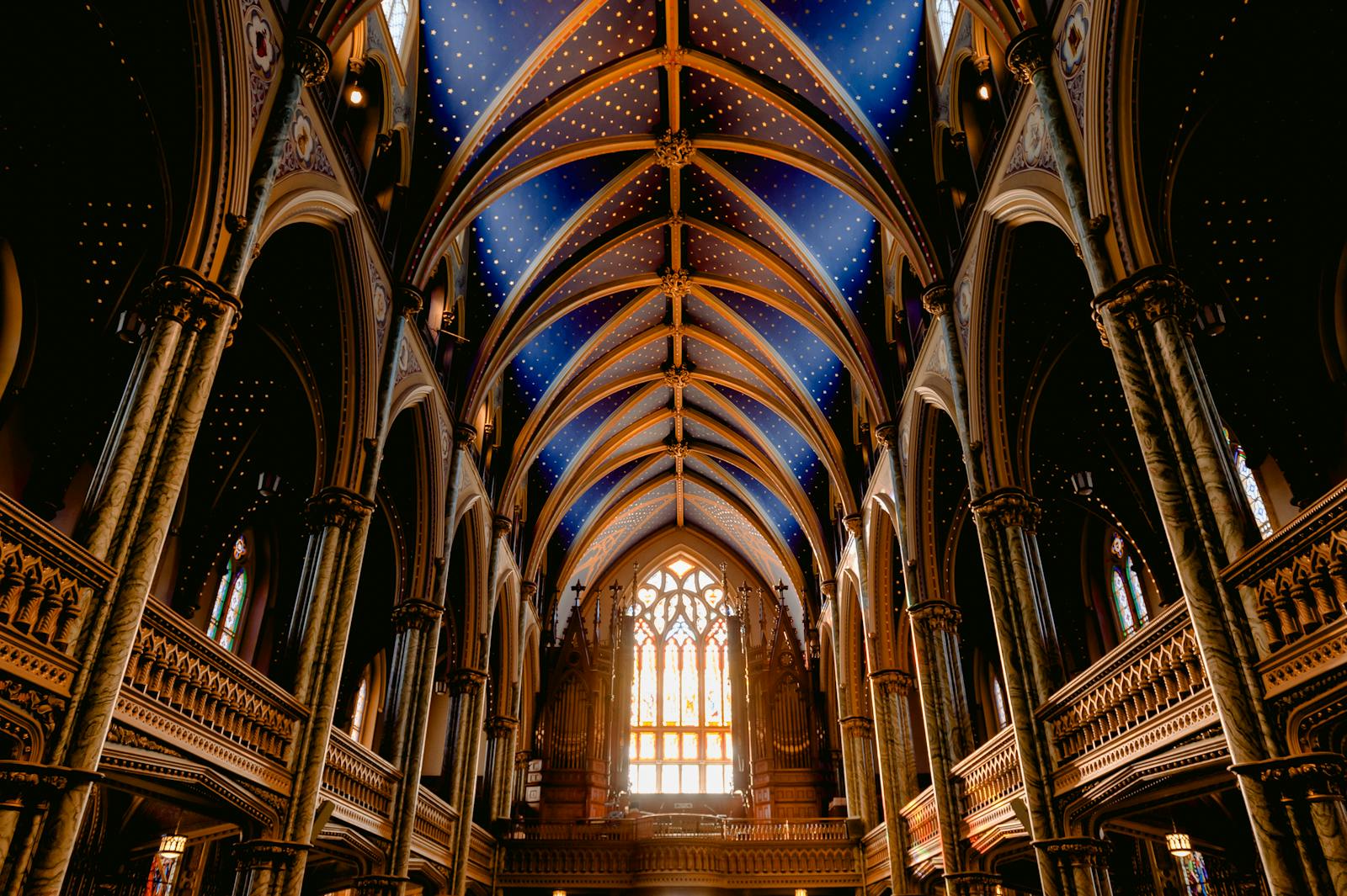 Arched Gothic ceiling and carved wood inside Notre Dame Cathedral Basilica in Ottawa.