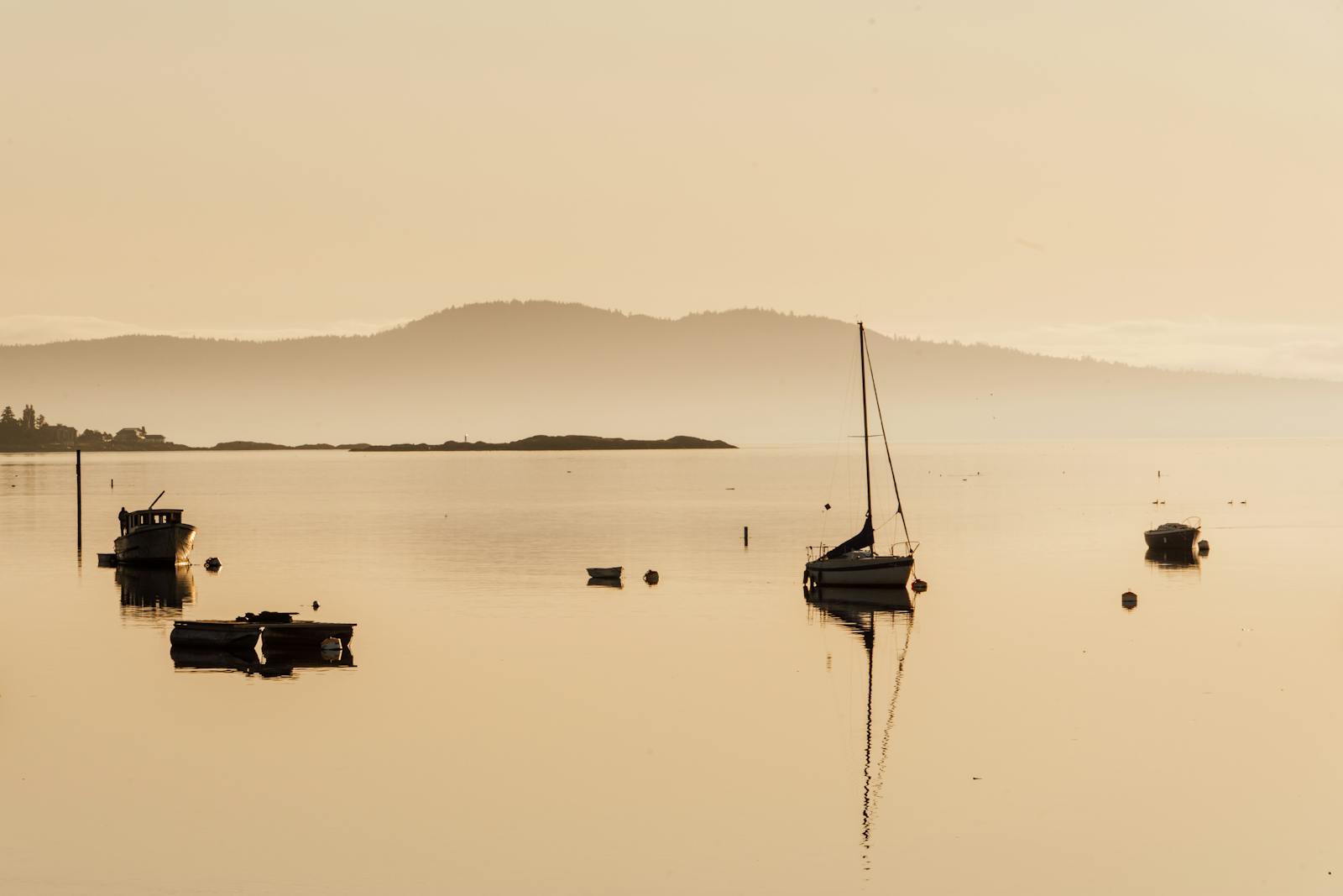 Serene sunrise view of boats reflecting on calm waters in Oak Bay, British Columbia.