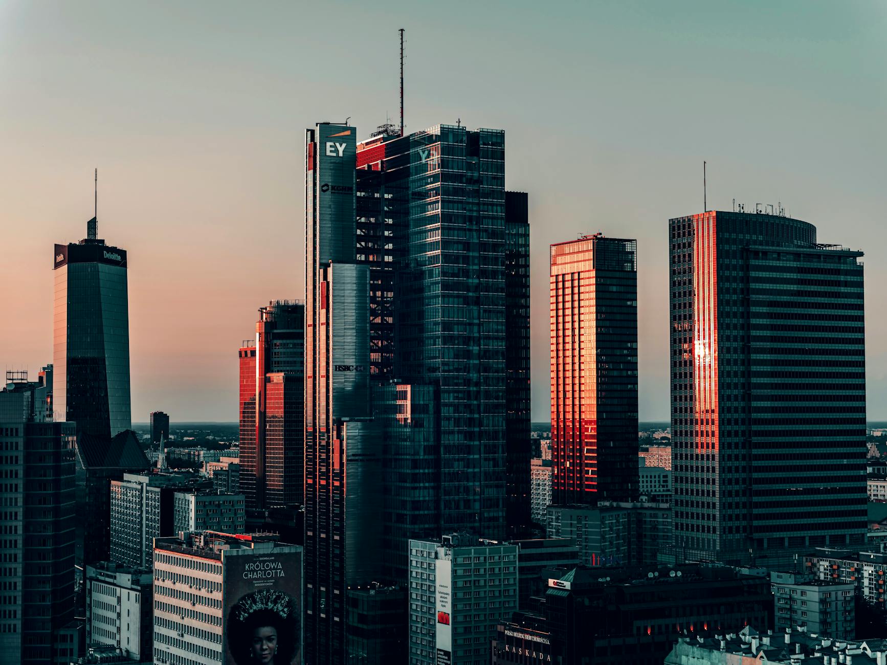 Warsaw city center buildings for business hotel planning.