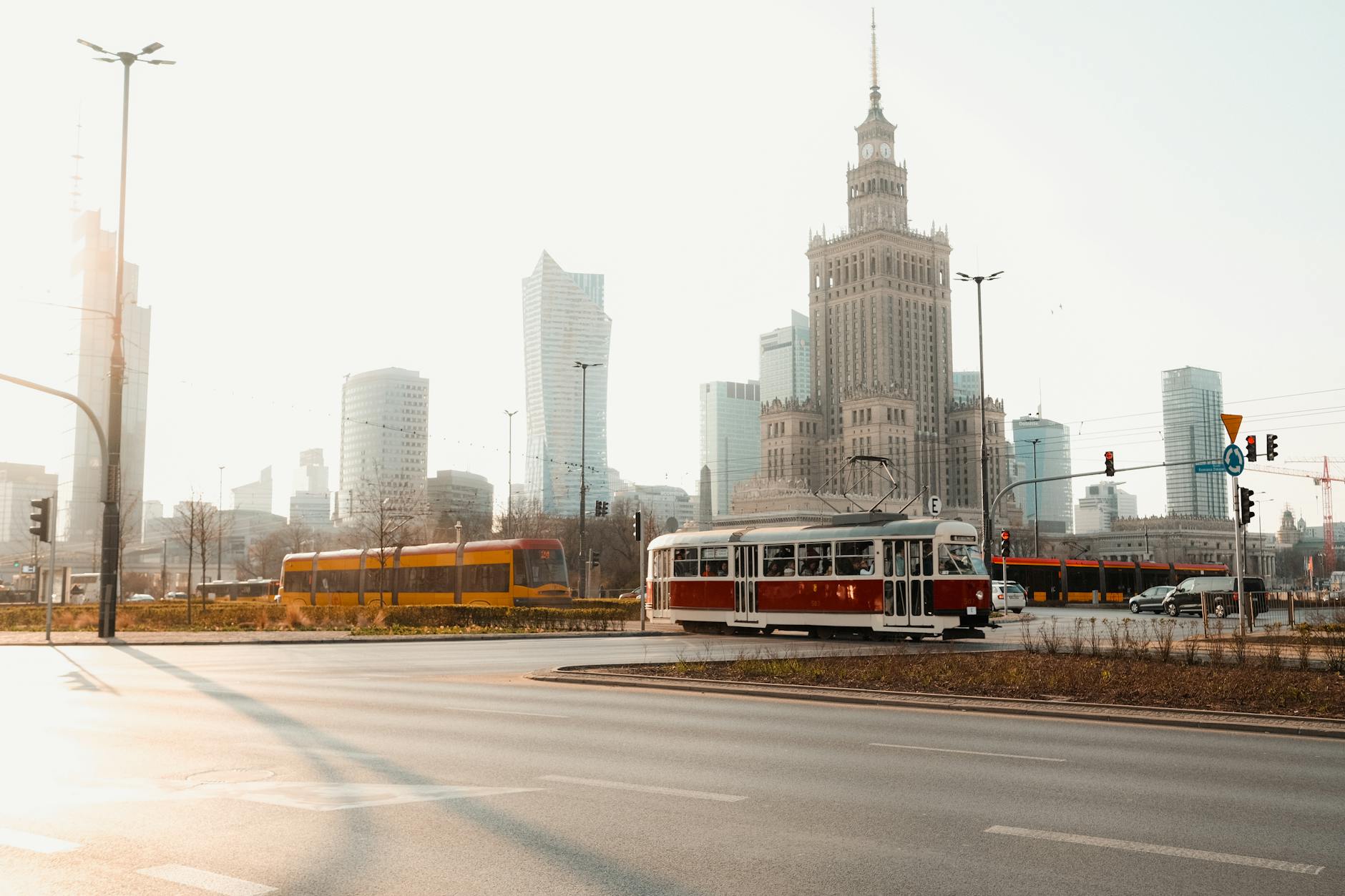 Warsaw street and transport setting for first-time evening planning.