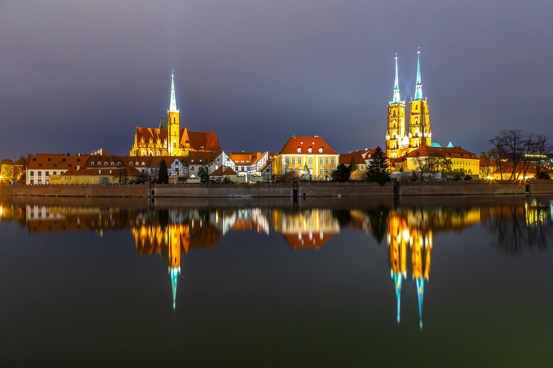 Wroclaw evening city setting for business dinner planning.