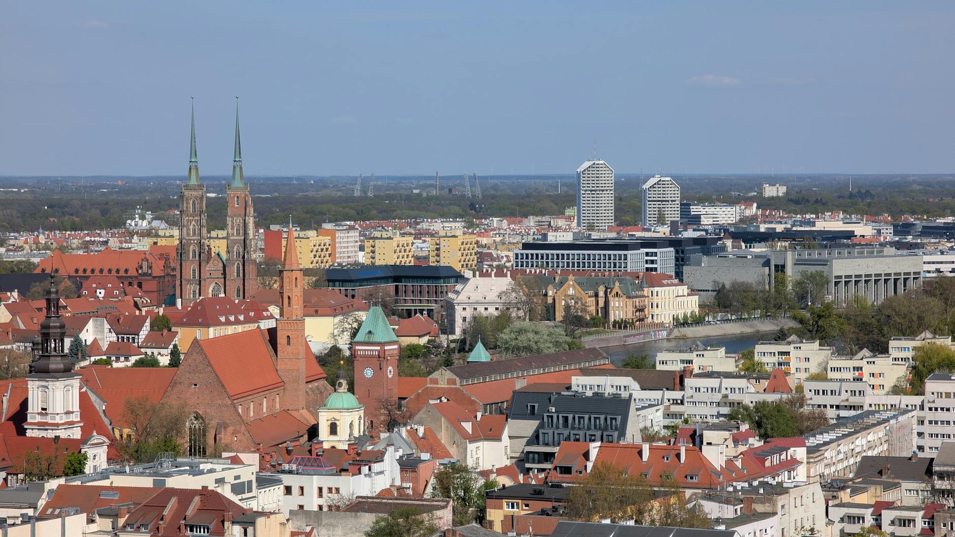 Wroclaw river city skyline for business visitor report planning.